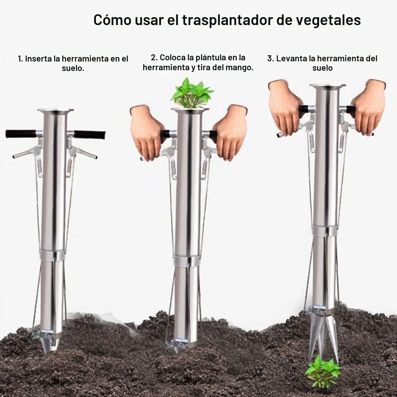 Plantador Rápido con 3 Bocas, Sembradora Manual de Doble Mango,Punta de Acero Inoxidable, para Plantar Plantones, Bulbos, Semillas, Plantas de Jardín o Huerto