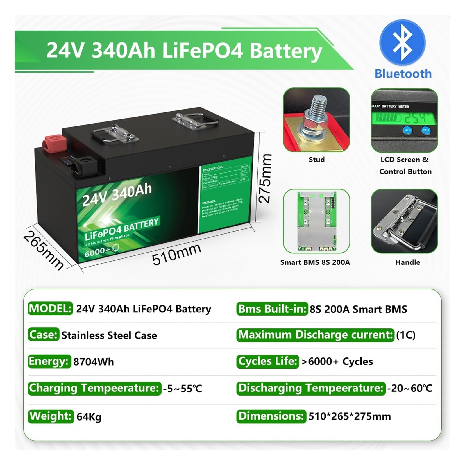 Batteria Al Litio LiFePO4 24V 300Ah 200Ah 100Ah 340Ah 140Ah 12V Bluetooth Grado A 6000 Cicli for Barca Da Golf for Camper(24V 340Ah 8.70Kwh)