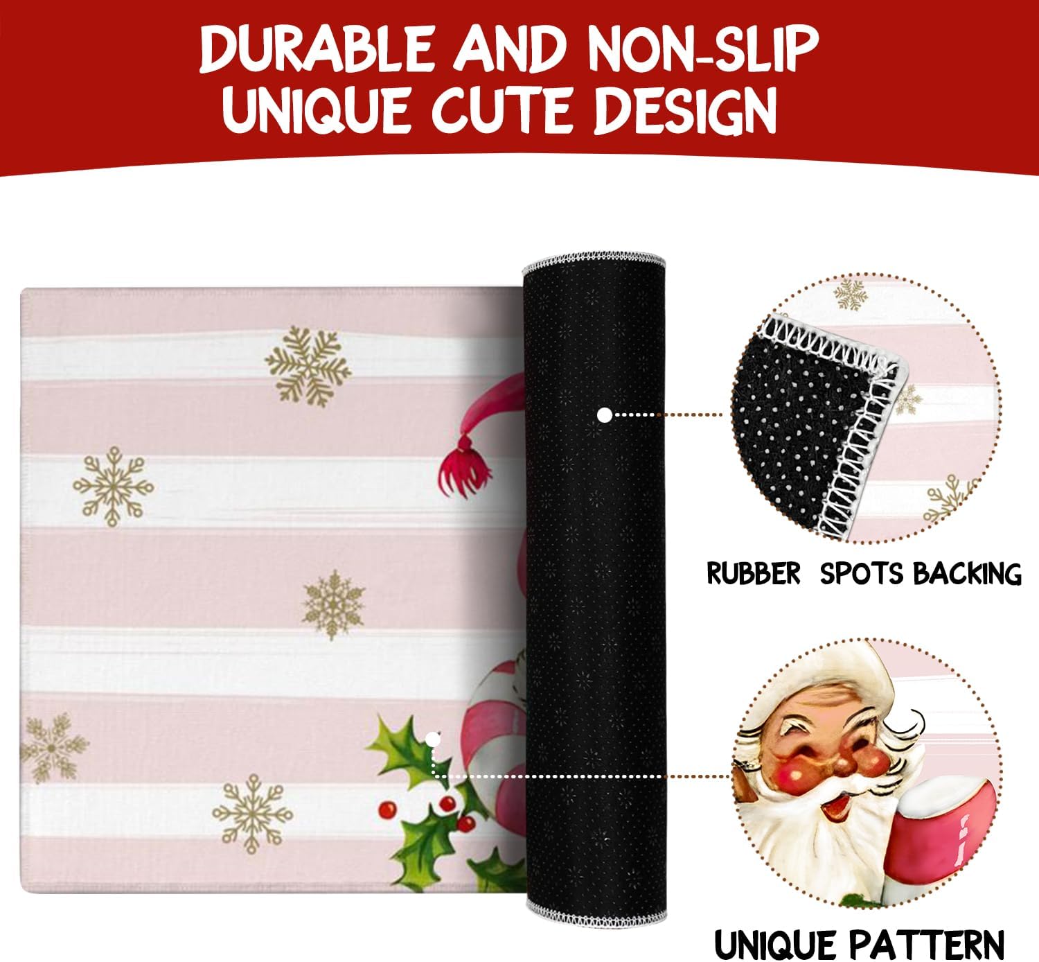 Merry Christmas Kitchen Rugs and Mats Set of 2,Pink Christmas Trees Santa Claus Joy Xmas Winter Holiday Sink Floor Mat Non Skid Washable for Home Farmhouse Christmas Decor 17"x47"+17"x30"