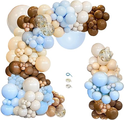 Kit de arco de guirnalda de globos marrones y café azul, 148 unidades, diseño de oso de peluche bohemio con texto en inglés «We Can Bearly Wait