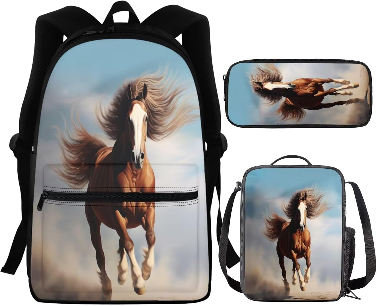Kids Backpack Set Horse Bookbag and Lunch Box Set for Kindergarten Girls 17 Inch Schoolbags Small Pencil Case 3Pcs Travel Bagpack Rucksack for Teen Boys