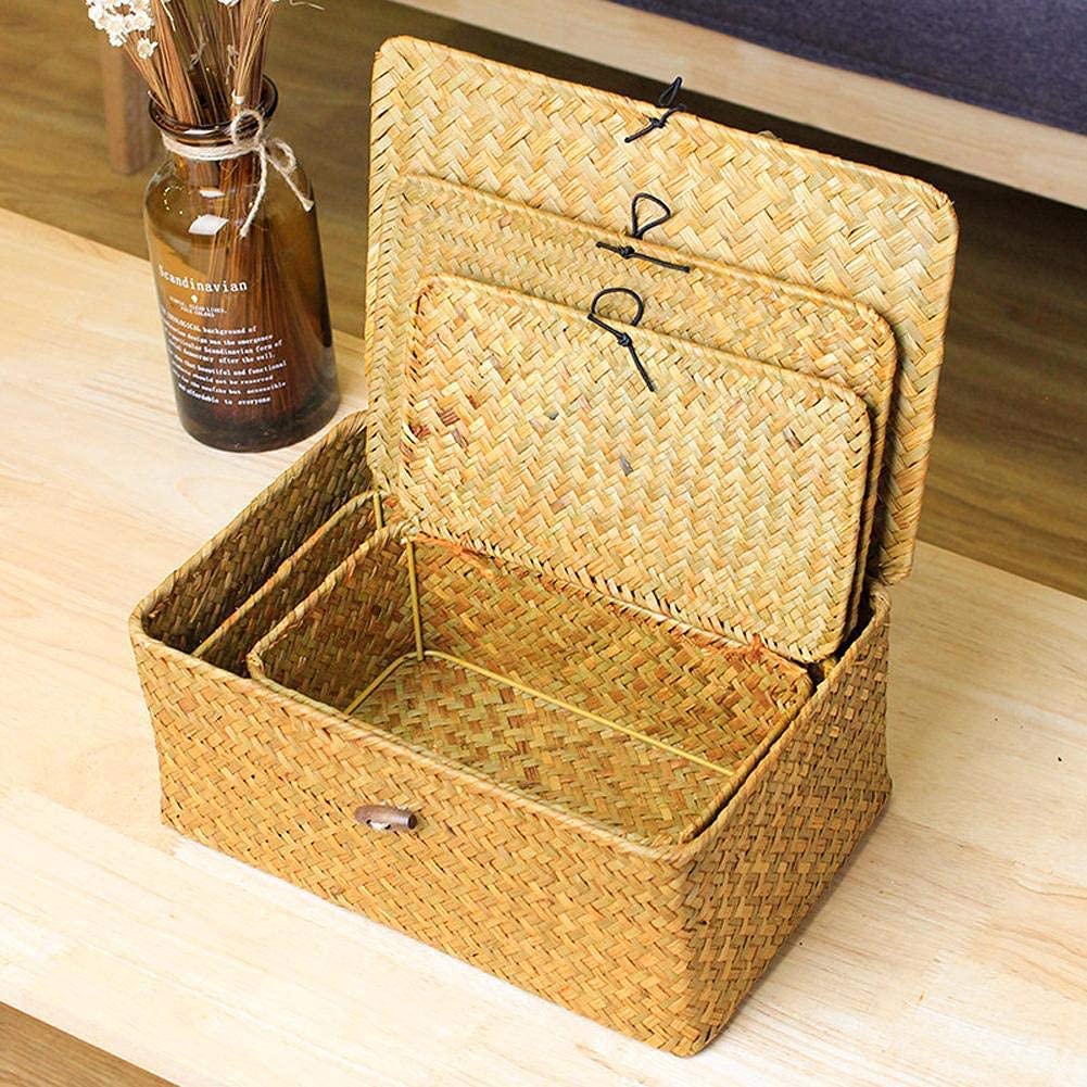 Hapyfurn Orange Rectangular Storage Basket With Lid For Shelf Handmade Seagrass Rattan Woven Makeup Organizer Multipurpose Container Box 3Pcs