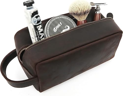 Miniatura 3 de RC ROCKCOW Neceser de cuero personalizado para hombre, kit de afeitado de viaje, bolsa de cosméticos grande, organizador de baño, marrón oscuro