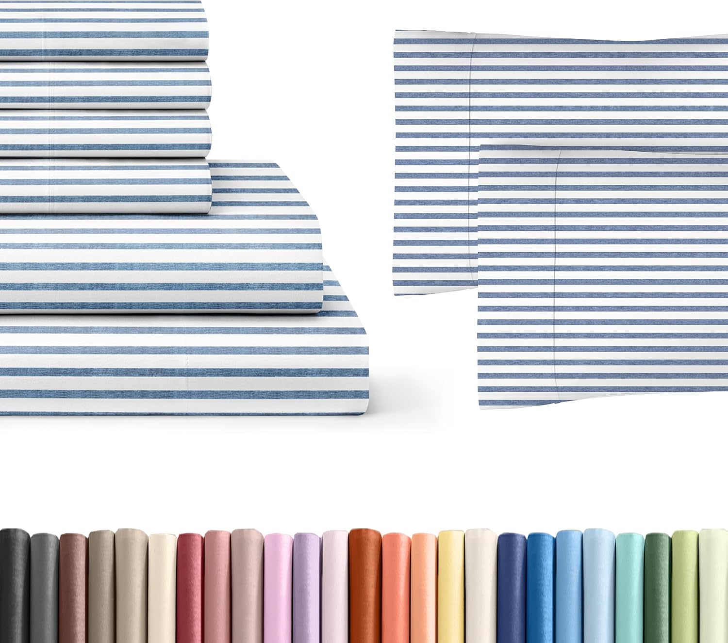 6 Piece Blue Stripes Queen Size Bed Sheet Set + 2 Extra Pillowcases Bundle – 21” Extra Deep Pockets – Flat Sheet 95 x 102, Fitted Sheet 60 x 80 and 6 Pillowcases 20 x 30 – Oeko-TEX Queen Fitted Sheet