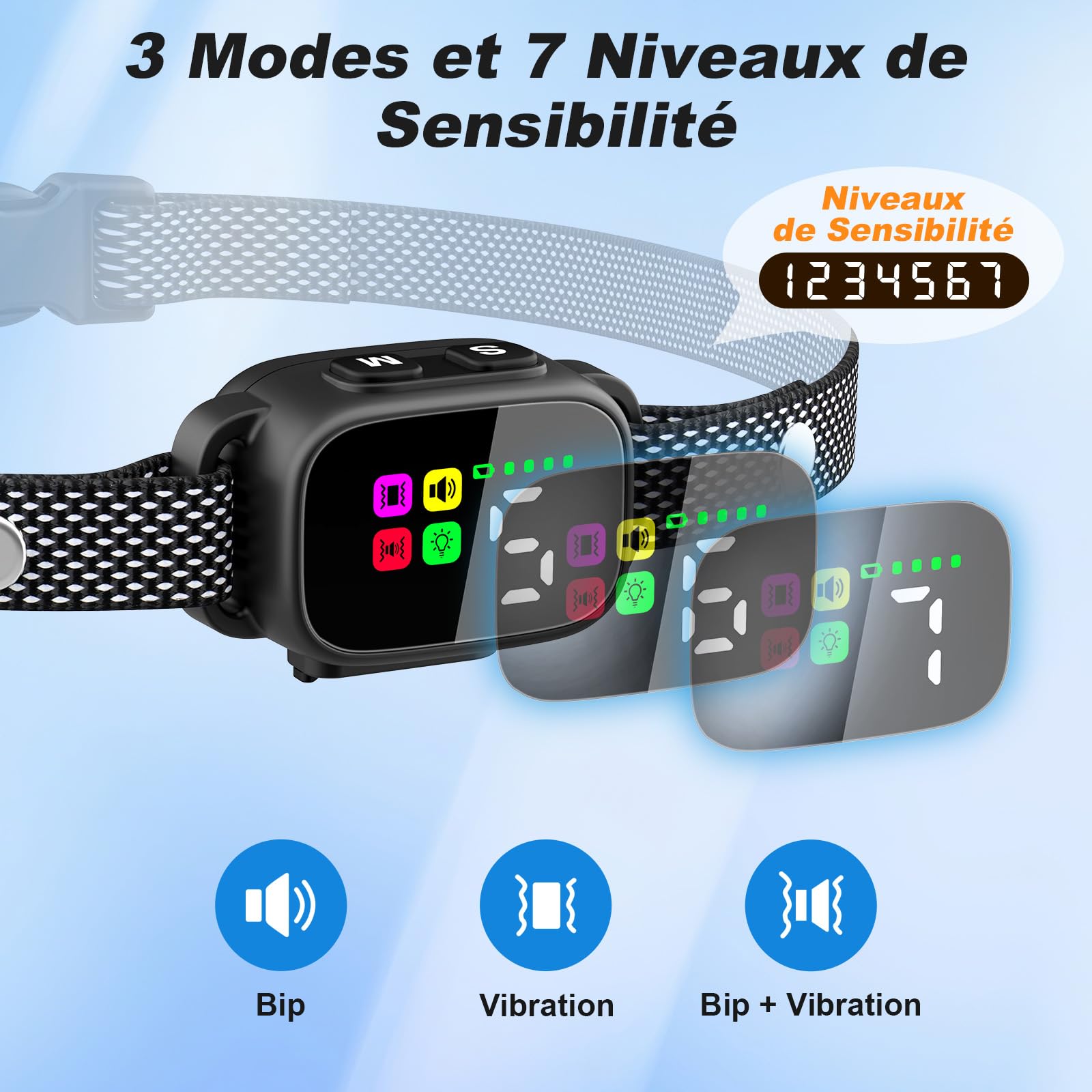 MASBRILL Collier Anti Aboiement pour Petits Chiens, Rechargeable Anti Aboiement Collier Dressage avec 3 Modes Son/Vibration, 7 Niveaux de Sensibilité