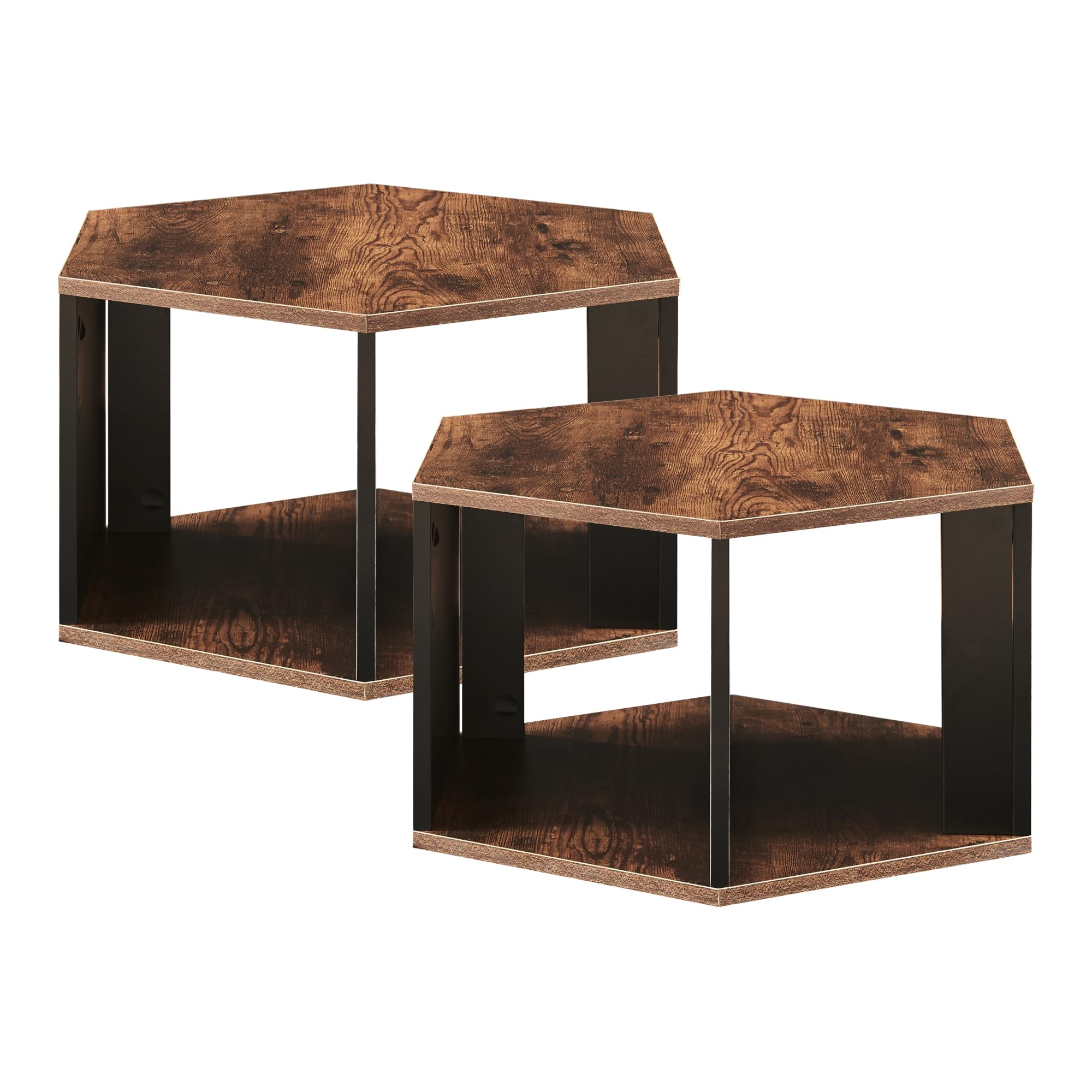 [en.casa] Set de 2 Mesas de Centro Molde Conjunto de Mesas Hexagonales de Posición Horizontal y Vertical con Compartimentos para Salón Oficina Aglomerado - Negro/Efecto Nogal