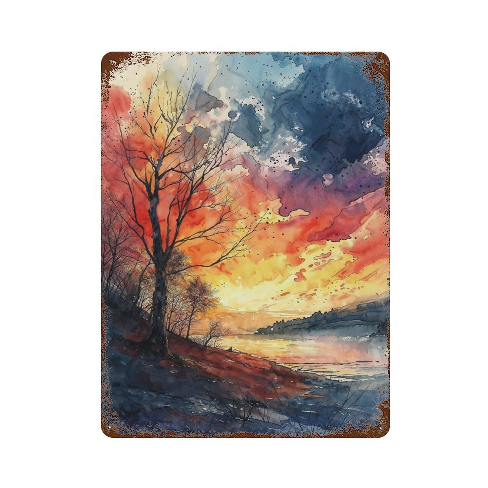 Rust Effect Autumn Vista Aged Metal Wall Plaque 15.7"x11.8", Rustic Home Decor for Bistro, Counter And Cafe Decor