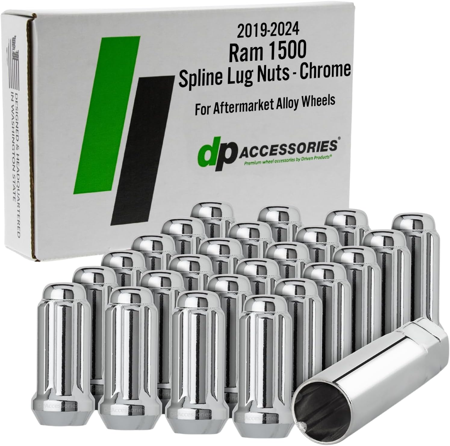 DPAccessories Lug Nuts Compatible with 2019-2024 Ram 1500 | Chrome Spline Style | Aftermarket Aluminum Wheels Only | Set of 24 Wheel Nuts & 1 Tool | DR152A-CH/024