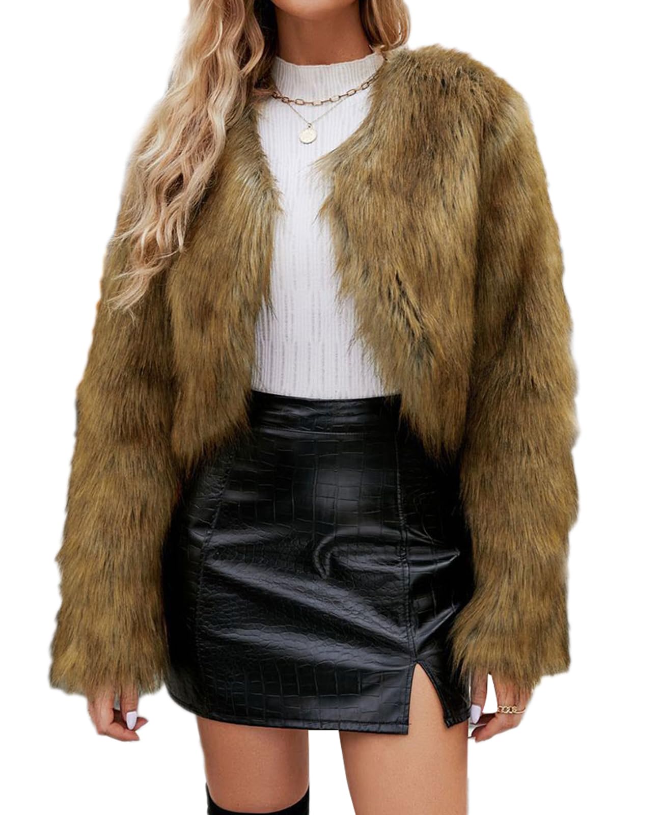 Unifizz Womens Cropped Faux Fur Jacket 2025 Long Sleeve Open Front Cardigan Casual Fluffy Parka Shaggy Short Coat