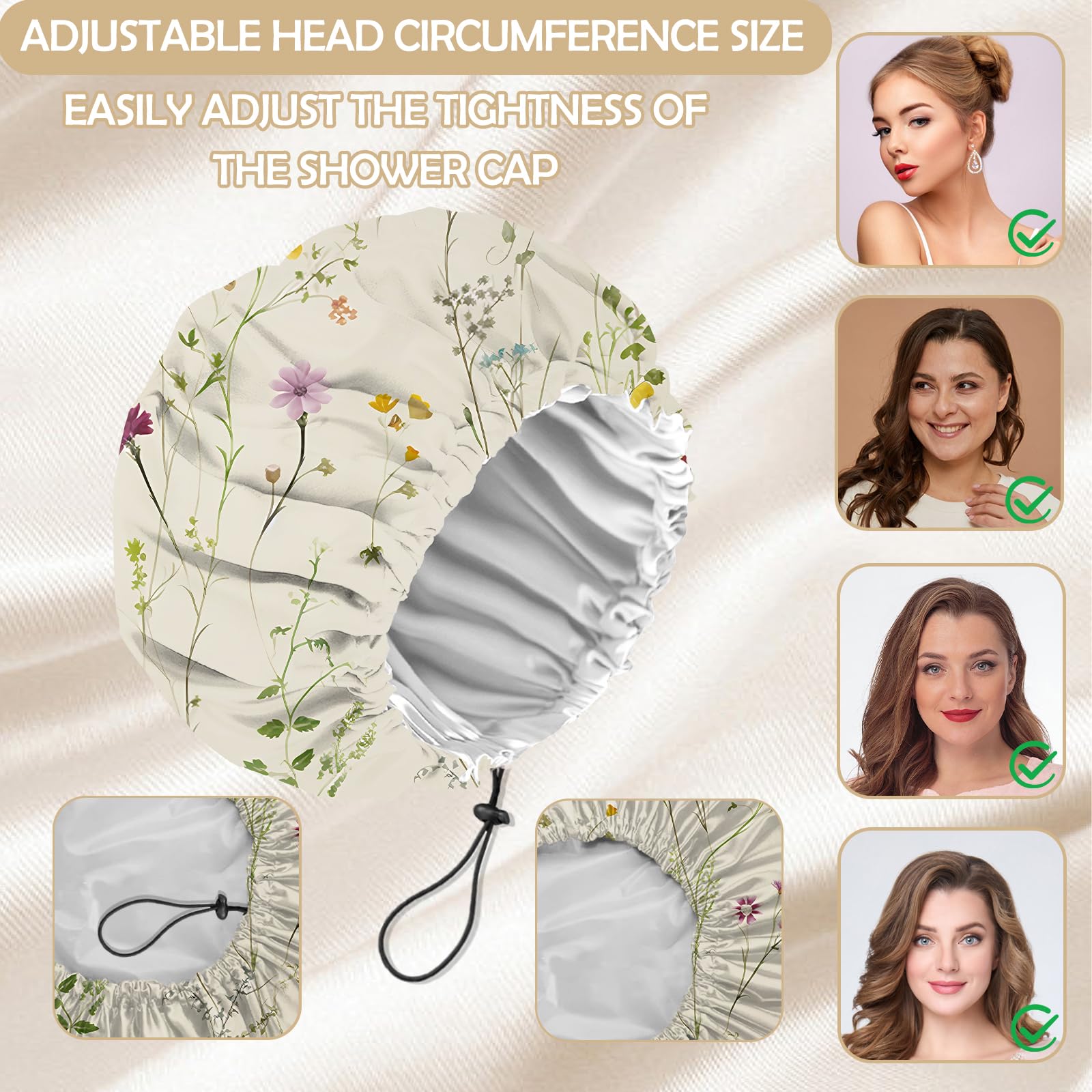 2 gorros de ducha ajustables, reutilizables, de doble capa impermeable, elásticos, para el cabello, bonitos gorros de baño estéticos para mujeres y niñas, floral
