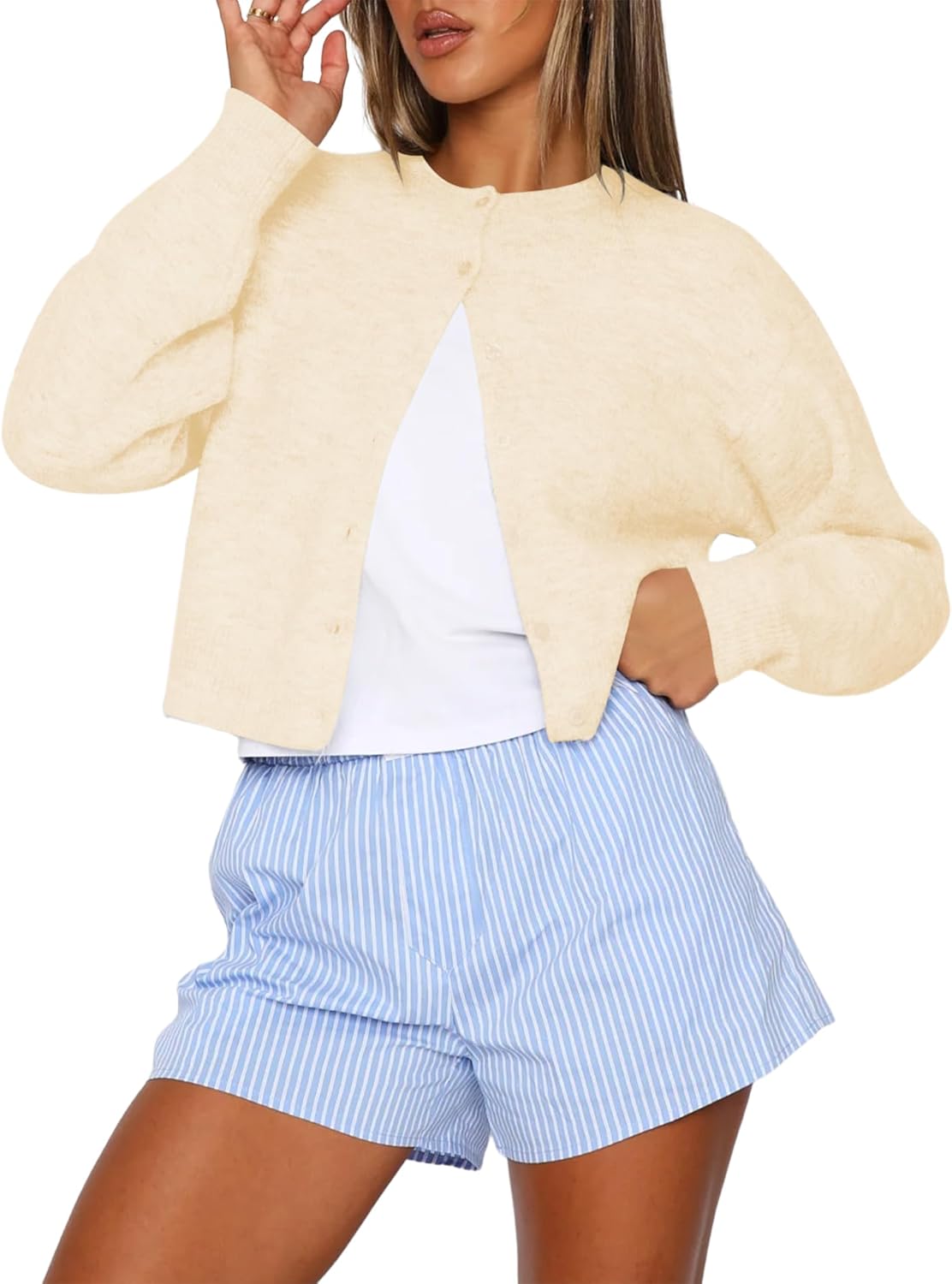 Kistore Womens Cropped Cardigan Sweaters Crew Neck Long Sleeve Button Up Sweaters Lightweight Knit Trendy Sweaters 2025