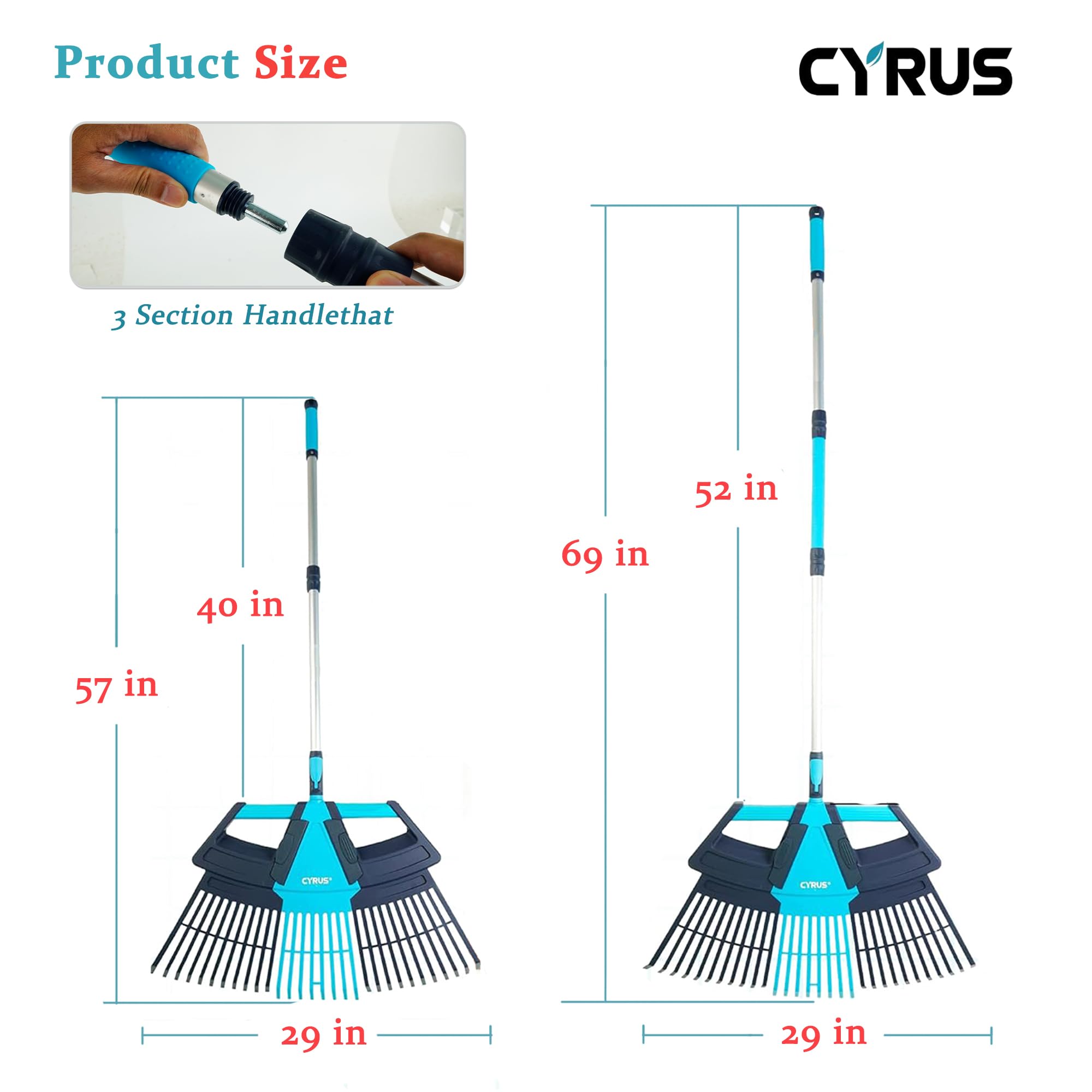 CYRUS Râteau à feuilles de jardin 3 en 1 en plastique, 170,2 cm de long, 63,5 cm de large, râteau à feuilles robuste, adapté pour les pelouses et le jardinage.