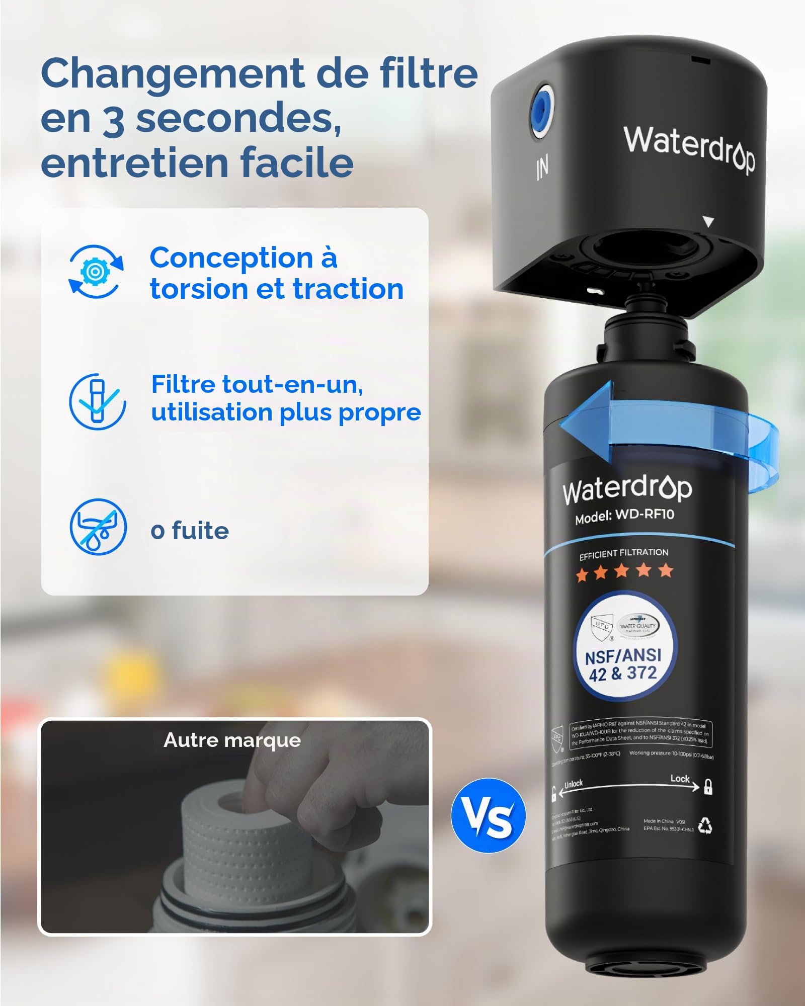Waterdrop 10UB Système de Filtre à Eau Sous Évier avec Robinet Dédié, 11000 Gallons de Filtration d'Eau de Grande Capacité, Certifié NSF/ANSI 42, Réduit 99,99% le Plomb, le Chlore, le Mauvais Goût