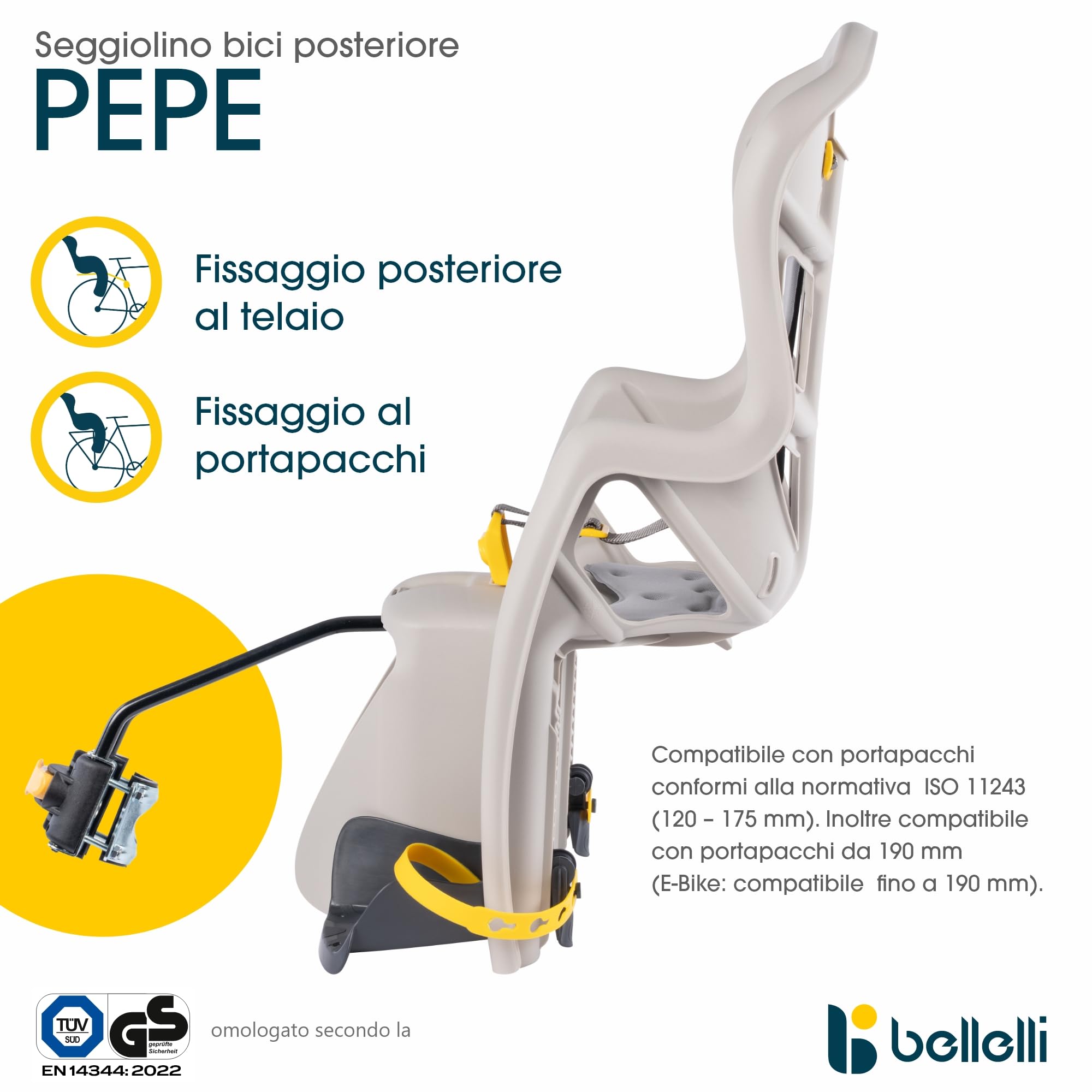 Bellelli | Pepe - Seggiolino Posteriore per Bicicletta - per Bambini Fino a 22 kg, da 3 a 8 Anni - Si Fissa al Telaio - Colore Black