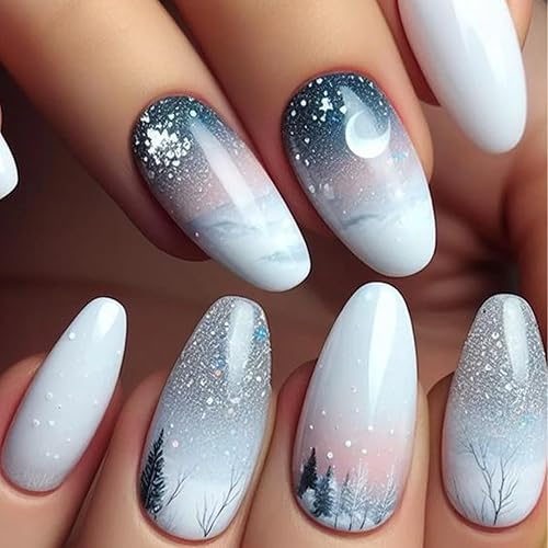 Winter Press on Nails Medium Almond Fake Nails Winter Scenery