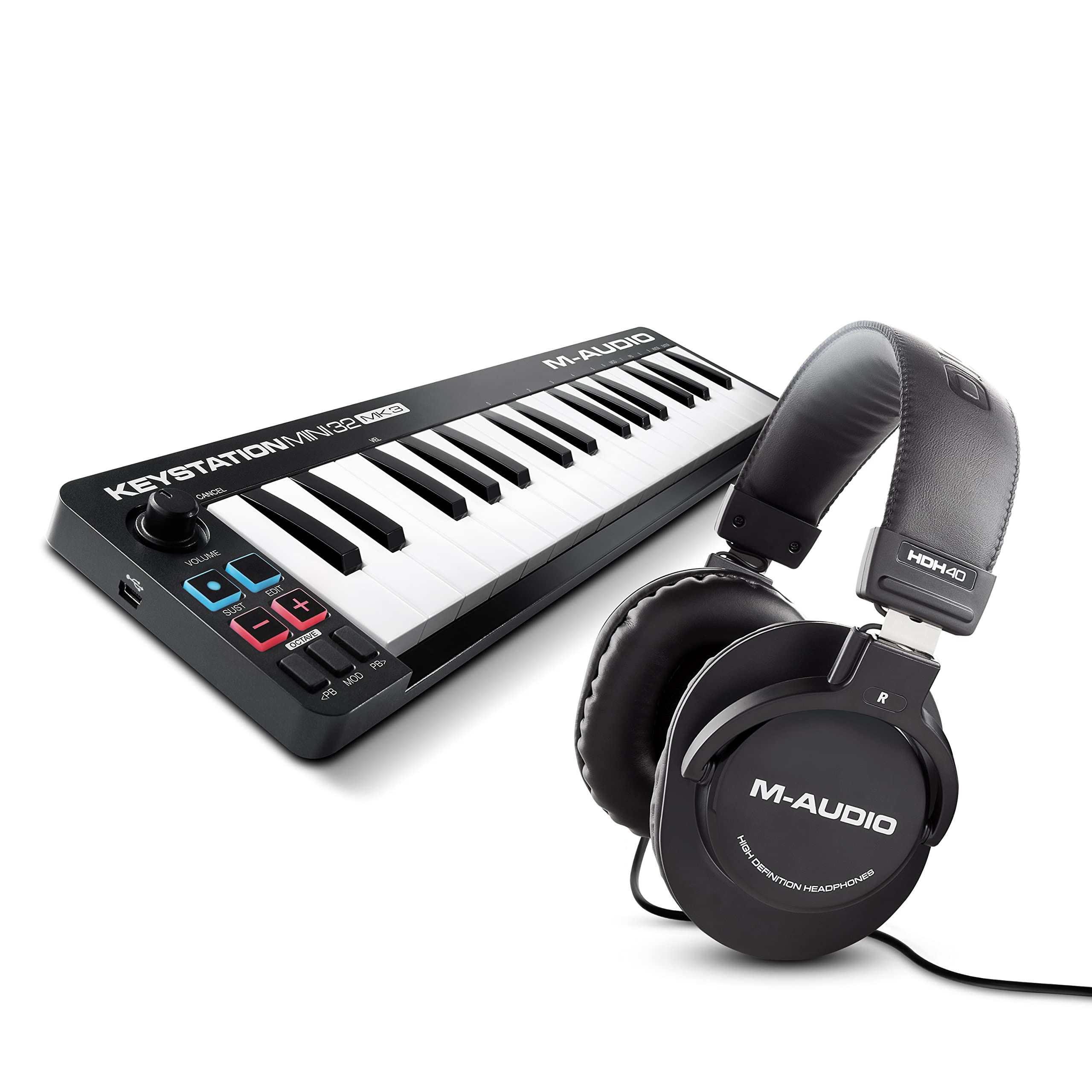 M-Audio Keystation Mini 32 MK3 + HDH40 - Tastiera MIDI Controller USB Portatile, Mini-USB con Software + Cuffie Over Ear Chiuse da Studio con Cavo da 2,7 m