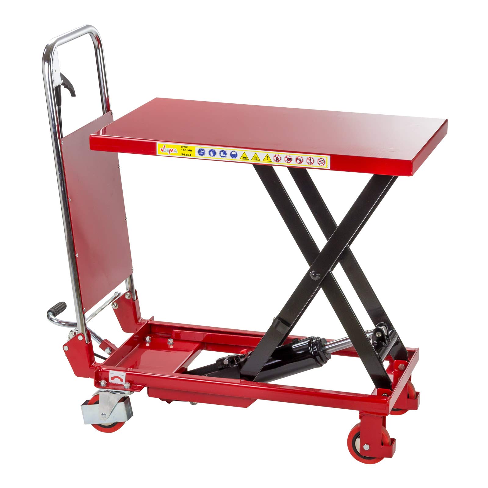 DEMA Hydraulischer Hubtischwagen HTW150 – Hubwagen bis 150 kg, stufenlose Hubhöhe 22-72 cm, stabile Stahlkonstruktion, Lenkrollen mit Bremse, Sicherungs-Arretierung – für Werkstatt, Lager, Produktion