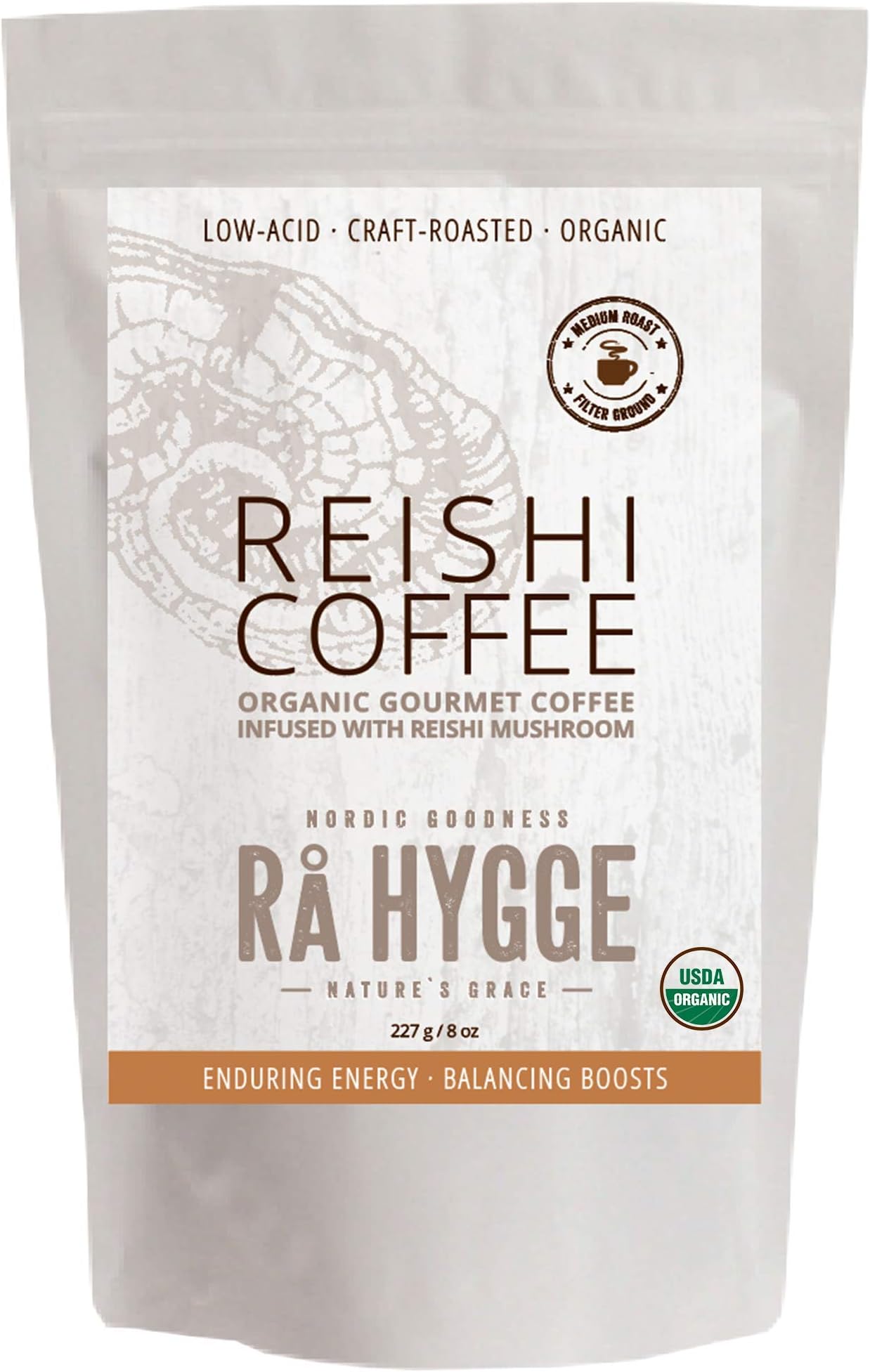 RaHygge Organic Mushroom Ground Coffee Variety 3-Pack - (3) 8oz Bags - Light Roast (Lion's Mane), Medium Roast (Reishi) & Dark Roast (Chaga) | Low-Acid, High 30% Polysaccharides + 3% Tripenes Mushroom Extract, Powerful Cognitive & Energy Boost!