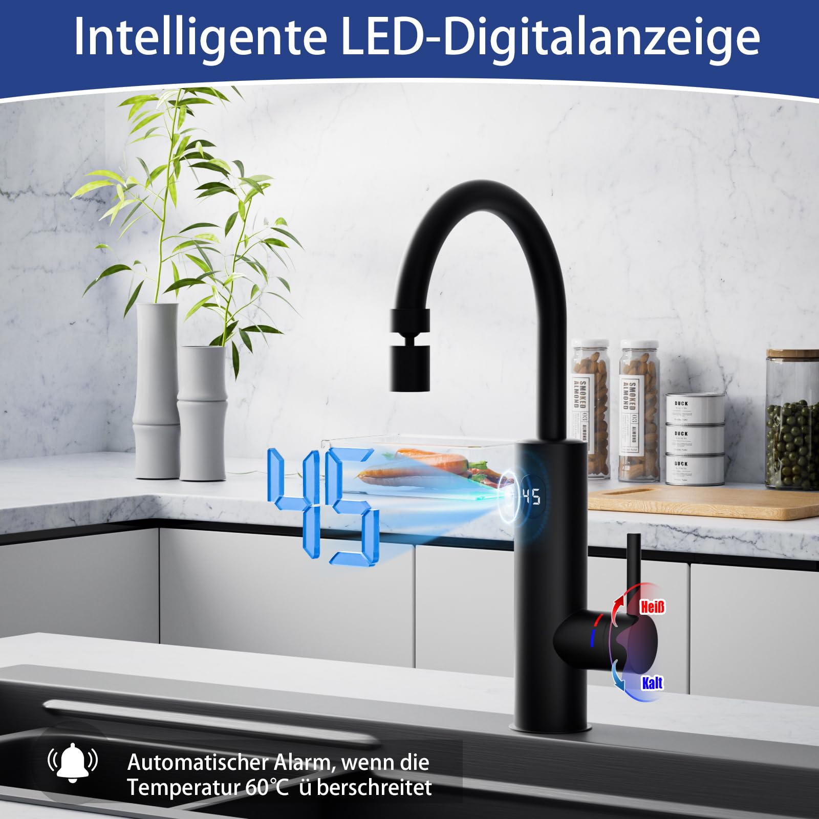 ESOP Wasserhahn mit Durchlauferhitzer, Elektrischer Wasserhahn 2 Modus | 220V 3200W Küchenarmatur mit LED Display, 360º Drehbar Auslauf, 304 Edelstahl Wasserhahn Elektrisch für Küche, Schwarz