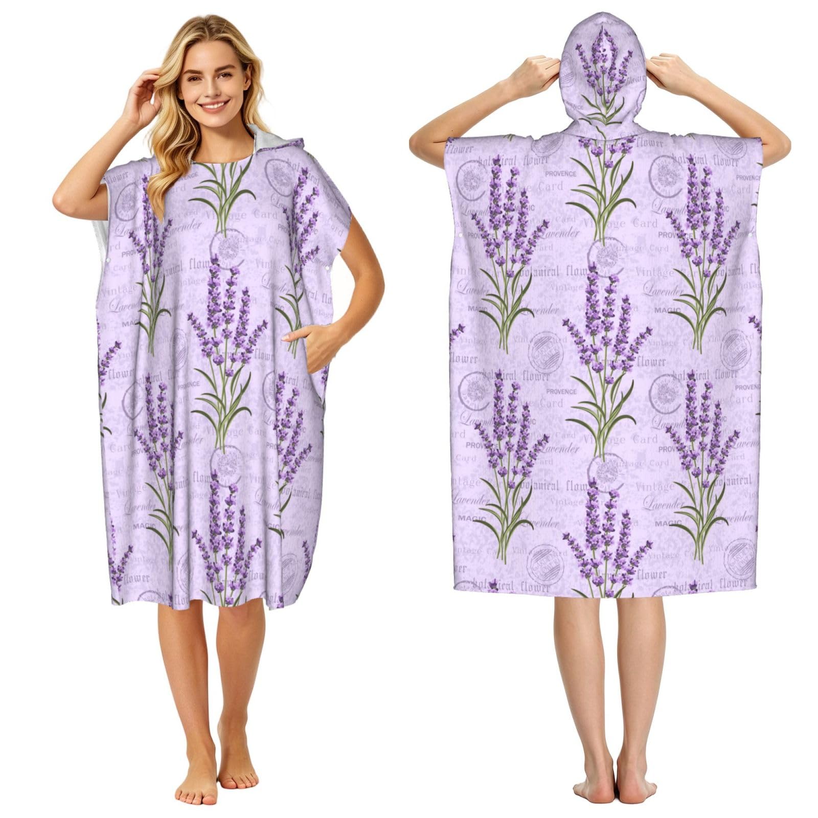 Poadnly Lavender Stamp, Adult Hooded Beach Towel 90 x 110 cm,Changing Bath Robe, Surf Poncho Towel For Women Men