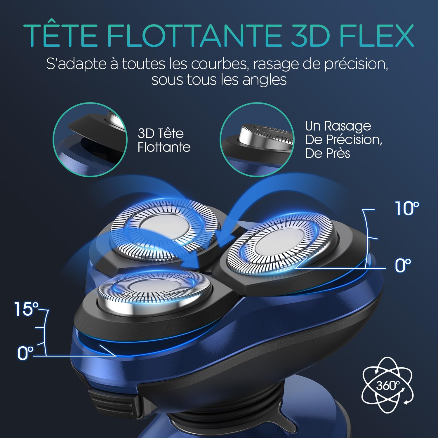 VOYOR Rasoir Électriques Hommes, Têtes Flottantes 3D Rasoir Barbe Homme | 4 Têtes Multifonctions, Rasage Sans Fil, Entièrement Étanche, LCD, Poignée Antidérapante, Verrouillage de Voyage TX410 Bleu