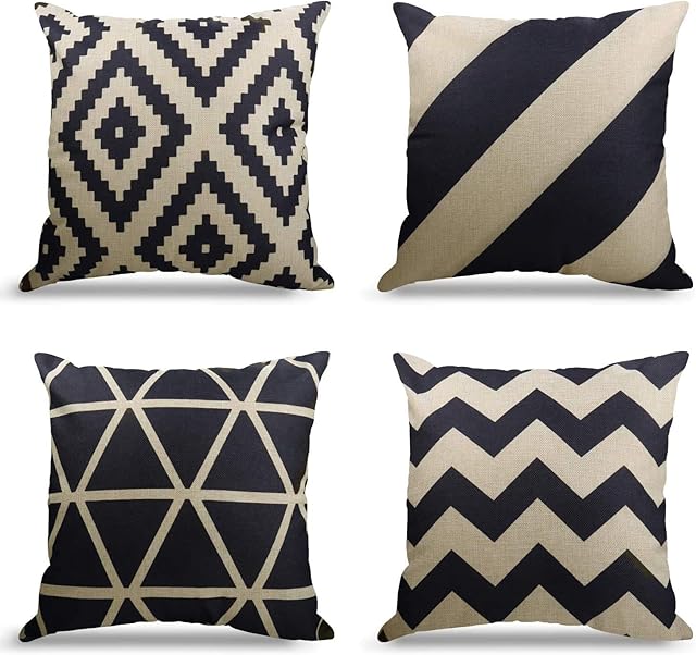 WEYON Set of 4 Decorative Square Cushion Covers,Geometric Pattern for Living Room Sofa Bedroom Office with Invisible Zipper, Decor Cotton Linen (Black & White Geometry, 16x16 in)