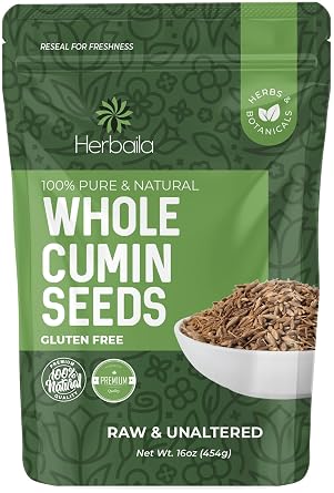 Herbaila Cumin Seeds Whole 16oz, Cumin Seasoning, Jeera Cumin Seeds, Excellent Flavor, Aromatic, Whole Cumin Seed, Best for Tempering, Cooking, Spice Blends & Seasonings, Cumin Spice 1 lb