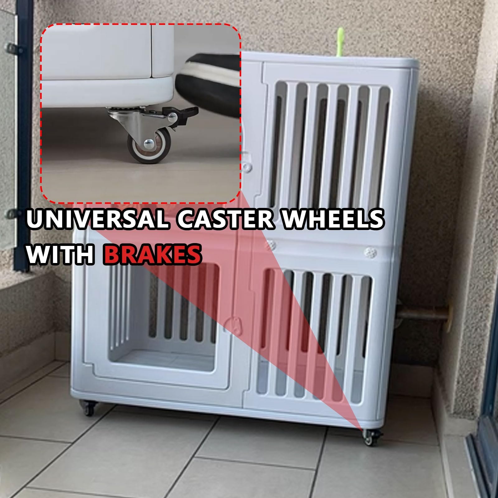 Gabbia per cani portatile di medie dimensioni con materiale in resina, ruote girevoli con freni, serratura della porta e porta trasparente per un facile accesso e conservazione superiore