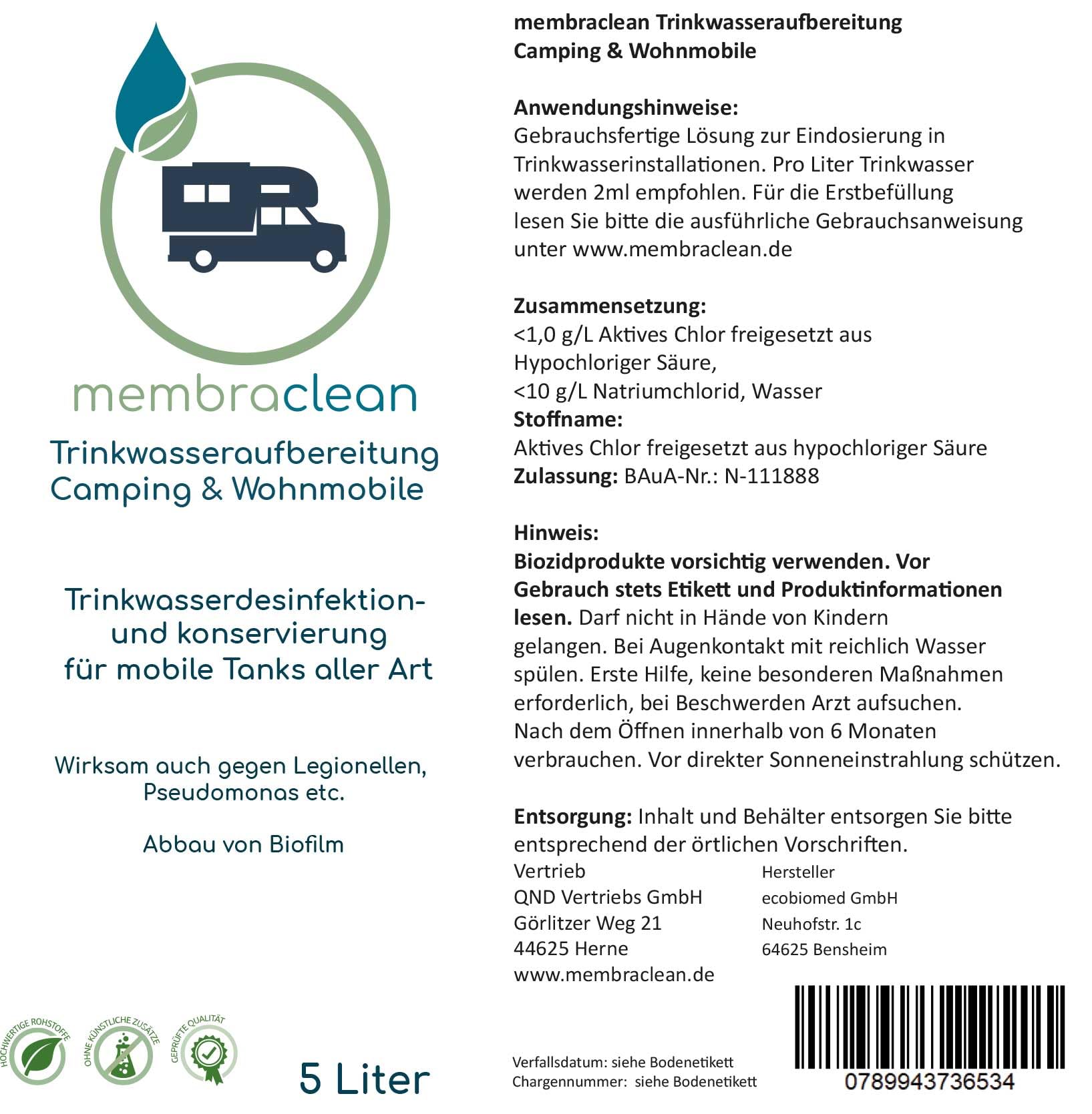 5 Liter membraclean Trinkwasseraufbereitung Camping & Wohnmobile | Für sicheres Trinkwasser unterwegs: Trinkwasser aufbereiten, konservieren und Biofilm abbauen