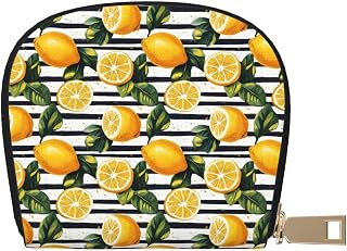 Black White Striped Lemons Print Credit Card Holder for Women, Leather Credit Card Wallet, Womens Cards Organizer Case