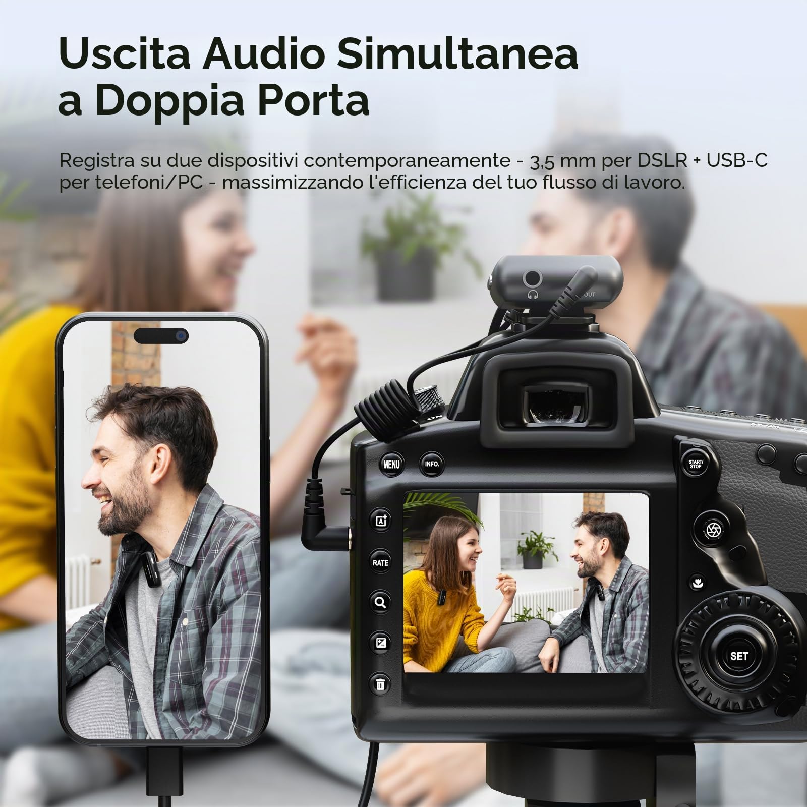 NearStream Microfono Lavalier Wireless iPhone, Android, Fotocamere e PC | Cancellazione AI del rumore, 7 h, trasmissione 200 m, display LCD, microfono wireless per streaming e registrazioni