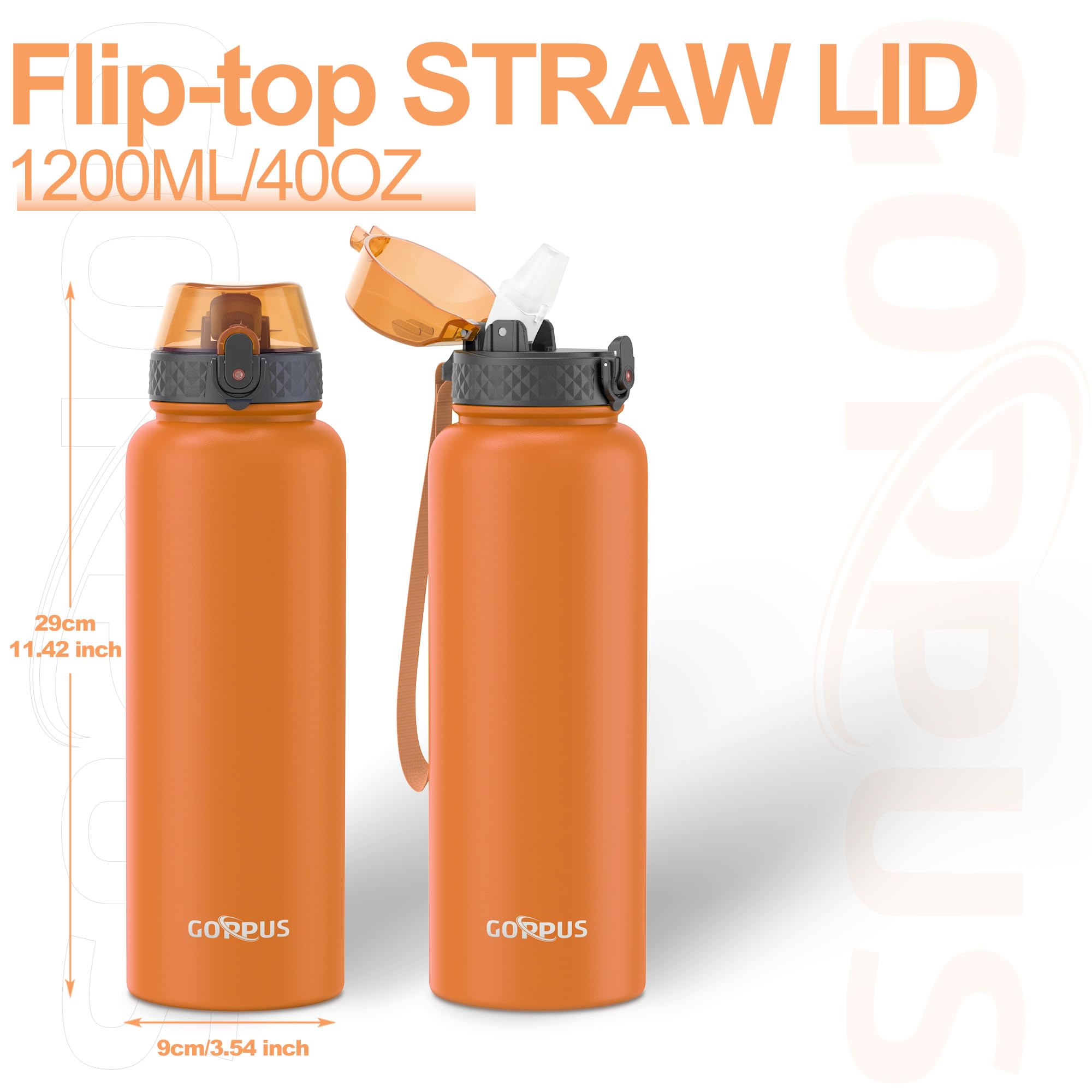 GOPPUS 1.2L/40oz Stainless Water Bottle with Straw Double Wall Insulated Bottles with Strap Large Vacuum Thermal Flask Leakproof Keep Cold Drinks Bottles with Flip Top Lid for Men Women BPA Free - Image 4