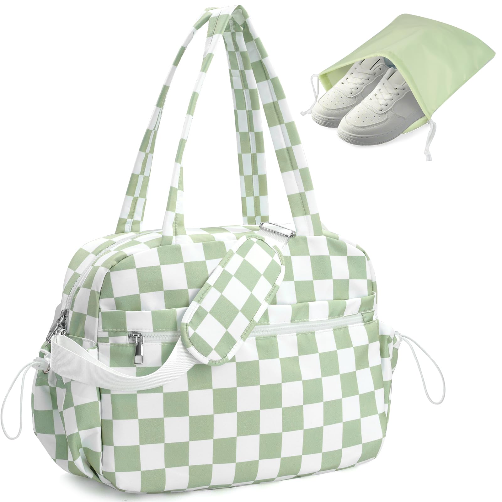 Outplea Checkered Small Gym Bag Women with Wet & Shoe Pocket, Travel Duffel Bag Carry On with Trolley Sleeve, Weekender Holdall Bag for Overnight Work Hospital, Green & White