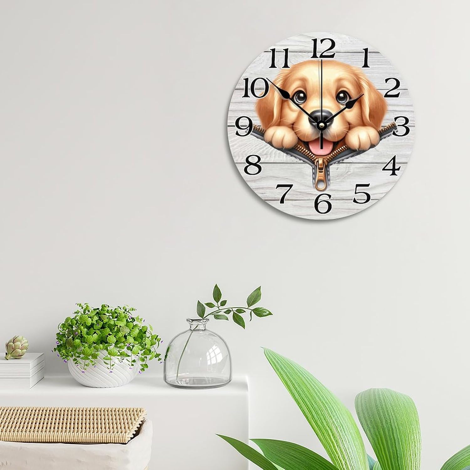 Labrador Retriever Funny Zipper Peeking Dog Farmhouse Vintage Round Wooden Wall Clock 12in Silent Non-Ticking Battery Operated Wood Clock for Living Room Office Home Decor Housewarming Gift
