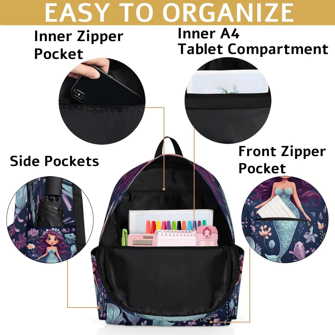 15.1 Inch Casual Backpack Ocean Mermaid Small Backpack with Multiple Pocket Waterproof Mini Bags Daypack with Chest Strap Mermaid Coral Travel Bag