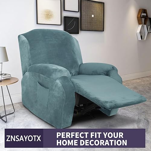 Miniatura 3 de ZNSAYOTX Fundas elásticas de terciopelo reclinable, 4 piezas, funda para silla reclinable de felpa suave más gruesa con bolsillos laterales,