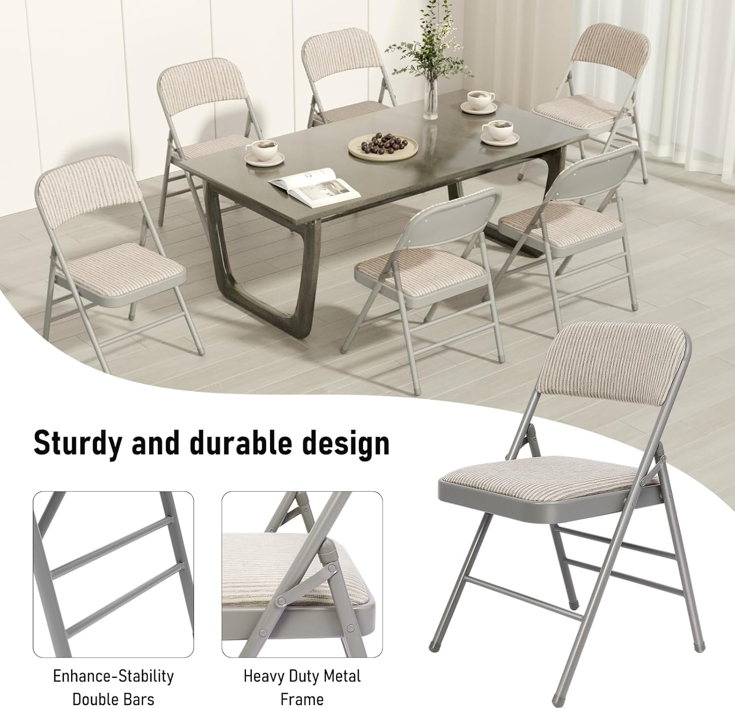 6 Pack Padded Folding Chairs with Cushion Seat, Fabric Dining Chair Set Indoor Outdoor Stackable Portable Folding Chairs with Steel Frame for Home Office Events Wedding Party,Grey