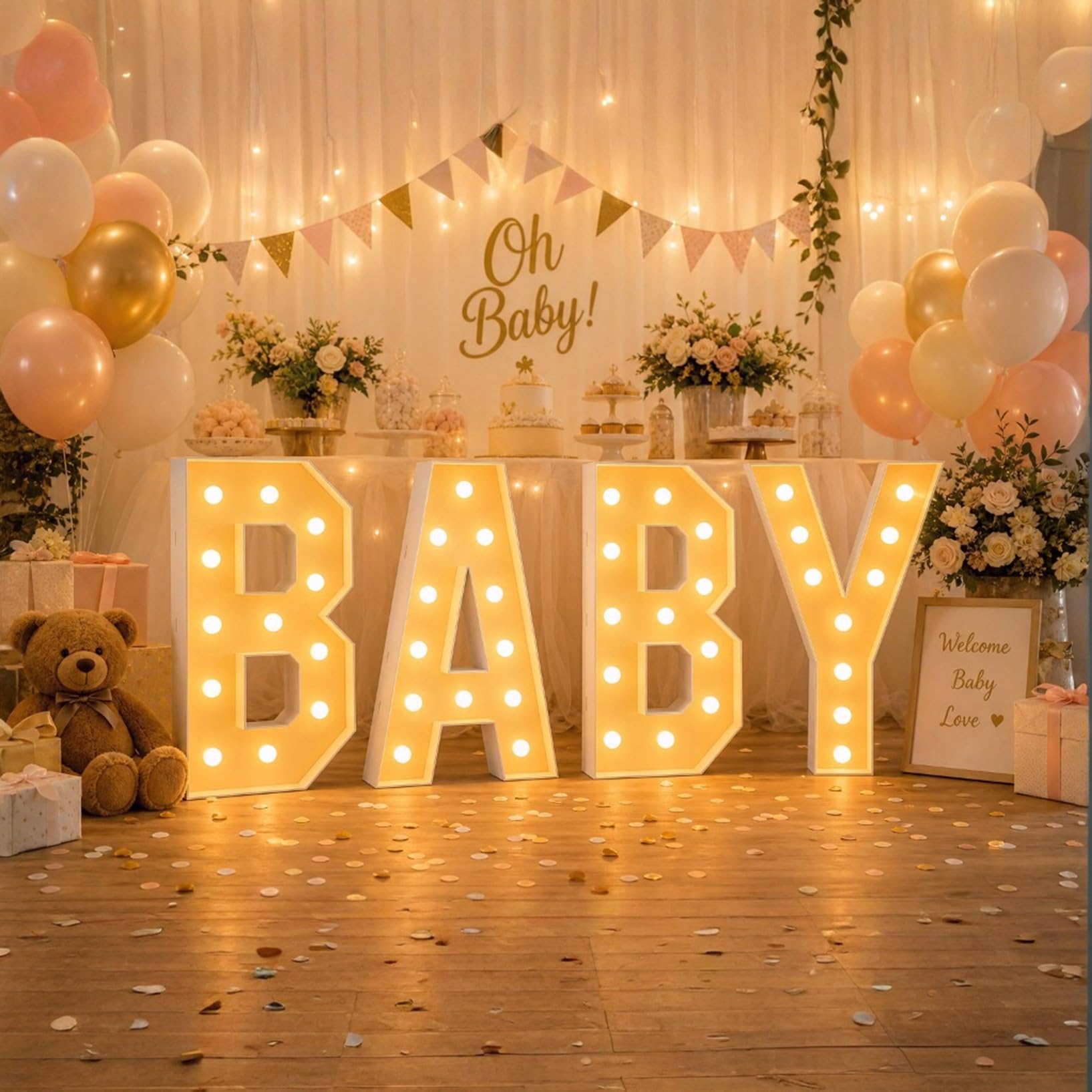 Giant Marquee LED Light Up BABY Letters, 4PCS Light Up Sign, Mosaic Balloon Frame Sign for Anniversary Wedding Party Valentine's Day, 70cm-2.3ft
