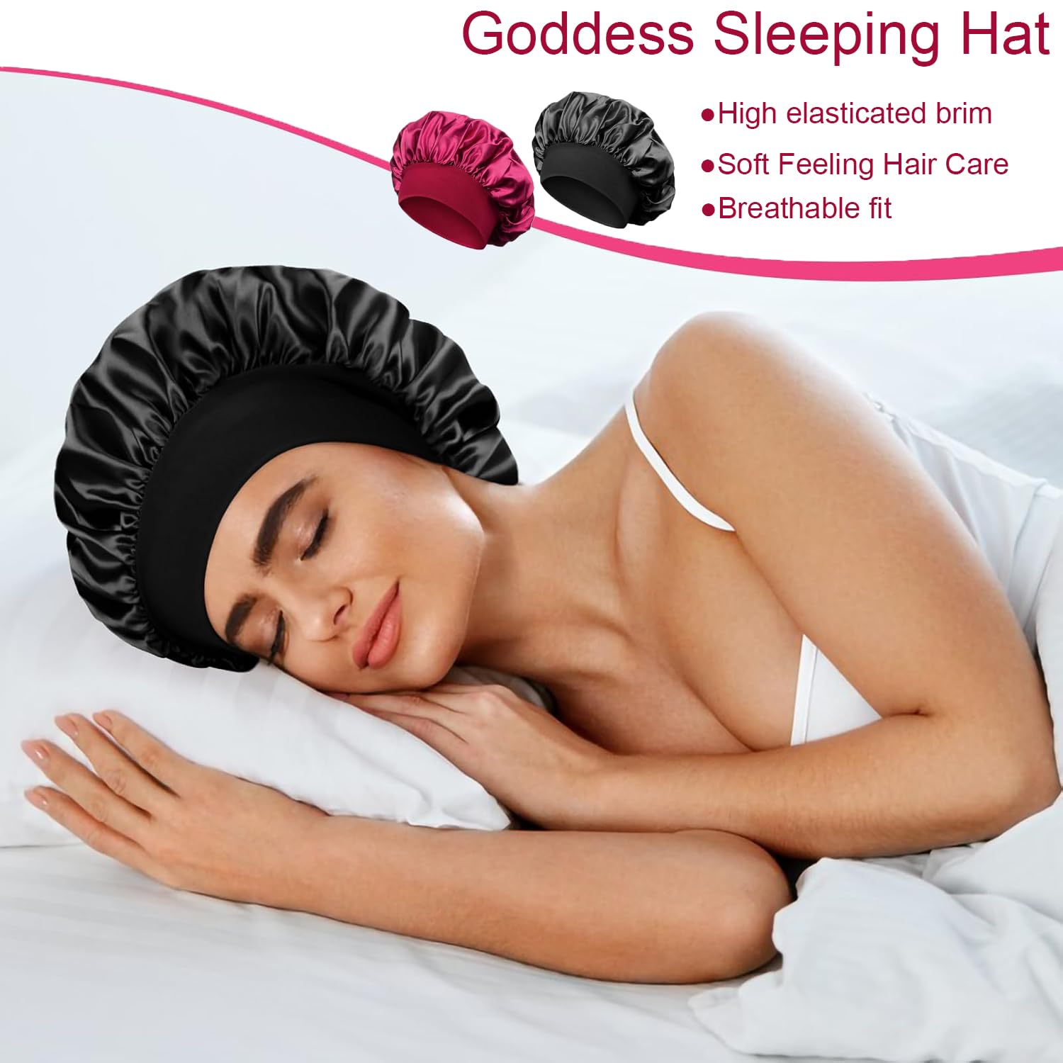 iLamvie 2 pezzi Cuffia Seta Capelli Ricci,Silk Bonnet,Berretto Da Notte Raso Elastico Per Dormire Cappello Da Notte Per Donna Berretto Da Notte Raso Per Donna Ragazza(Nero+rosso)