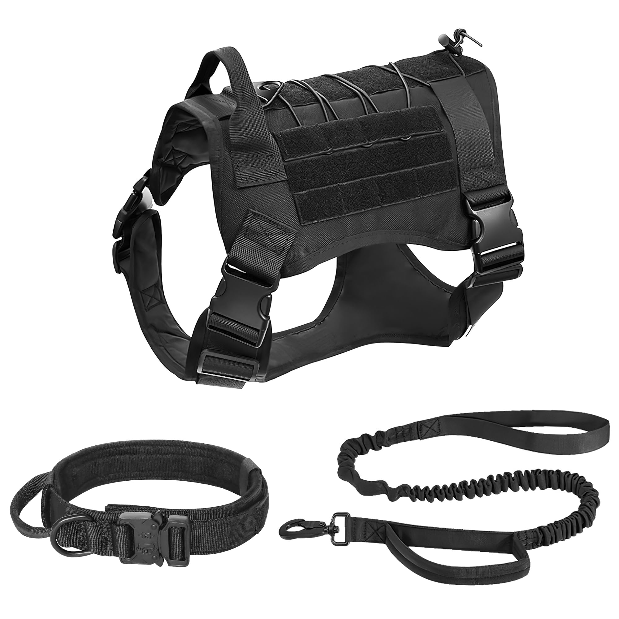 FLOVIPPET Arnes Táctico Perros 3 Juegos, Arnés Antitirones con Collar y Correa, Chaleco Acolchado Ajustable para Perros Medianos y Grandes para Entrenamiento y Paseos al Aire Libre (Negro,L)