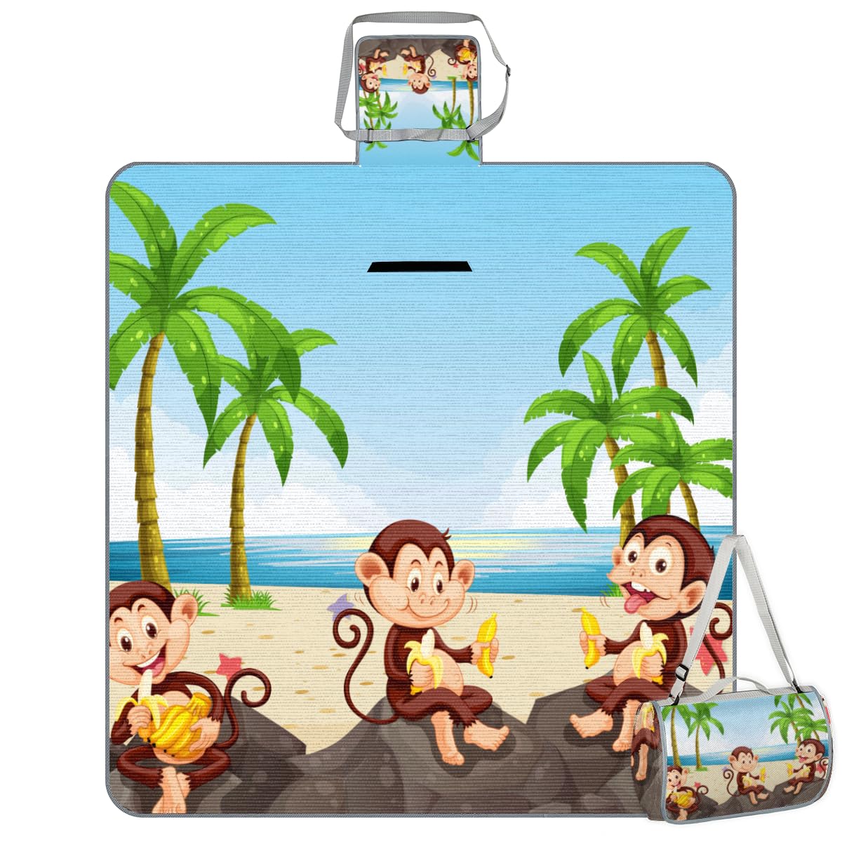 Shimoshe Picnic Blankets 57”x 59”, Banana Coconut Tree Monkey Waterproof Sandproof Picnic Mat Lightweight Foldable Beach Blanket for Camping Park Grass Beach Outdoor Blanket