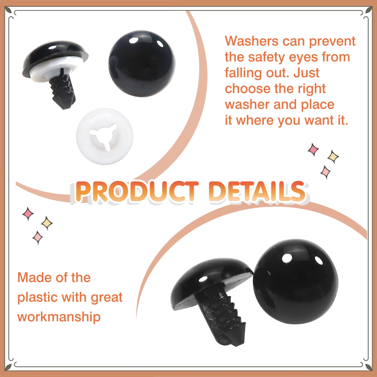 TOAOB 50pcs Yeux De Sécurité 8mm Yeux De Poupées D'animaux Peluche En Plastique Noirs Avec 50pcs Rondelles Pour Fabrication De Poupées Marionnettes Animales Tricotées