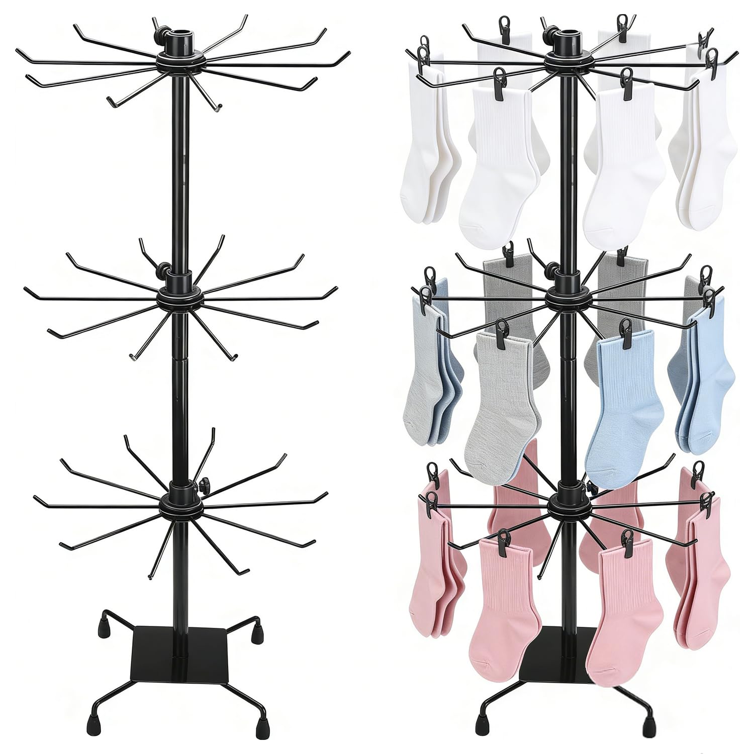 2 Pezzi Espositore Gioielli Girevole a 3 Livelli, Supporto Appendibile in Metallo Nero Rinforzato, Altezza Regolabile fino a 72 cm, per Collane, Portachiavi, Orecchini, Sciarpe, Maschere