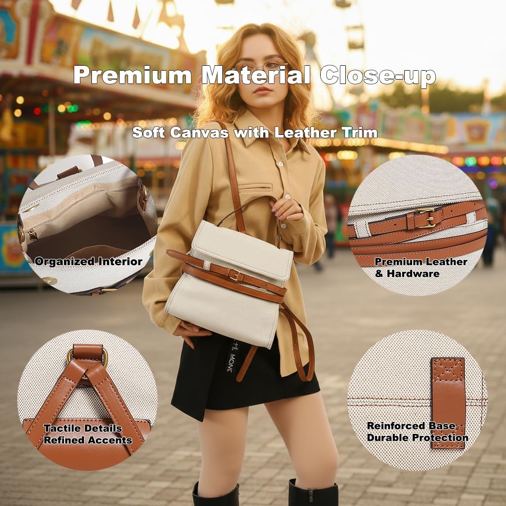 Small Backpack Purse for Women, Convertible Designer Mini Backpack with Leather, Canvas Travel Handbag Fashion Bag for Daily Use, Work, Outing - Beige - Image 4