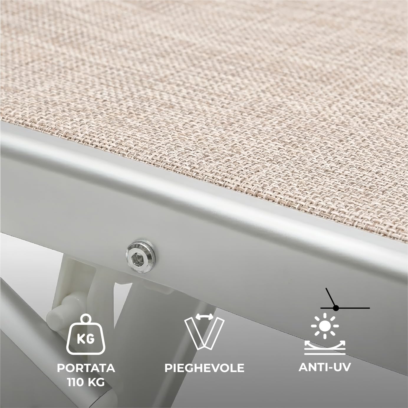 Lettino Prendisole Professionale Pieghevole e Impilabile con Parasole Regolabile, Schienale Reclinabile 2 Posizioni, Struttura in Alluminio, Tessuto Impermeabile UV Resistente, Portata 110 Kg - Beige