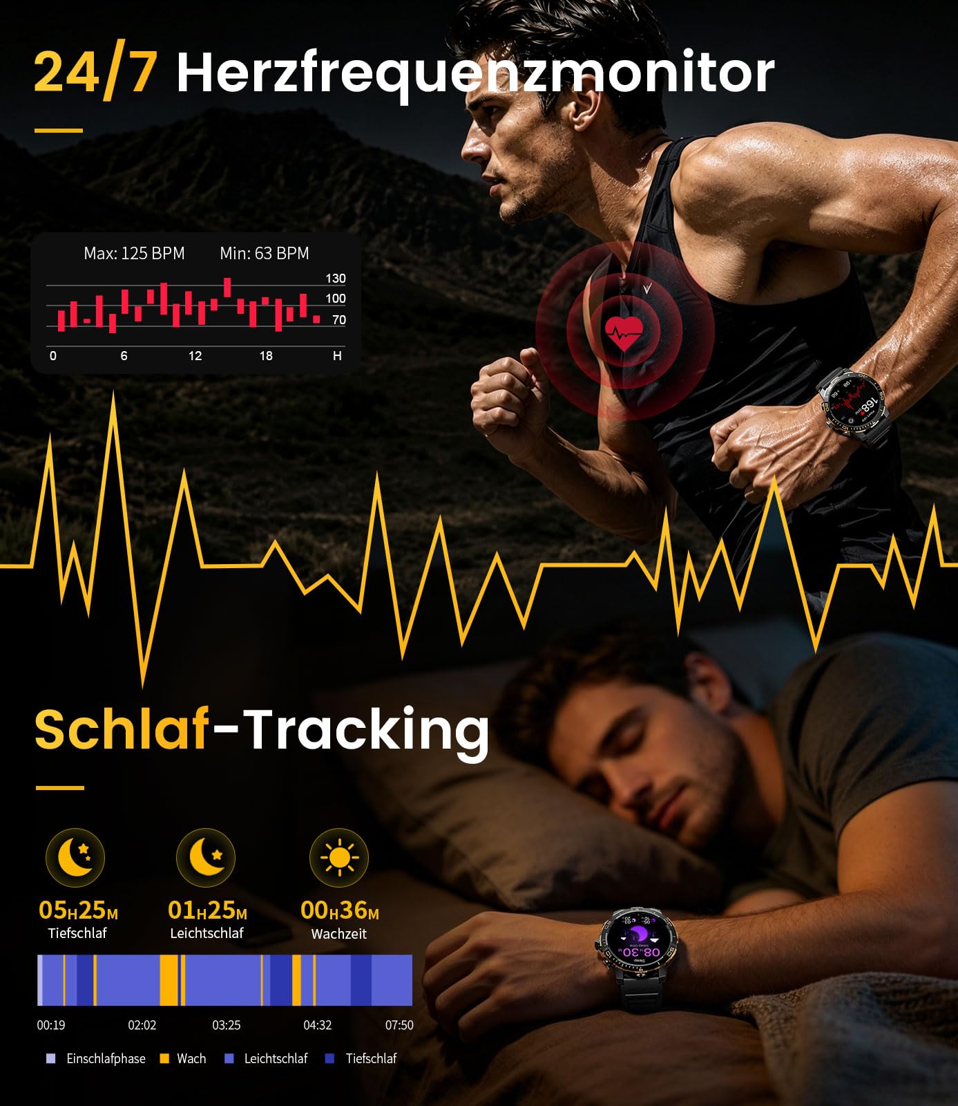 Reloj Inteligente Hombre Militar - 800mAh/Linterna LED, 1.43"AMOLED Smartwatch con llamadas Pulsómetro Sueño, IP68 Impermeable Pulsera Actividad con 200 Modos Deportivos para iOS Android, Negro