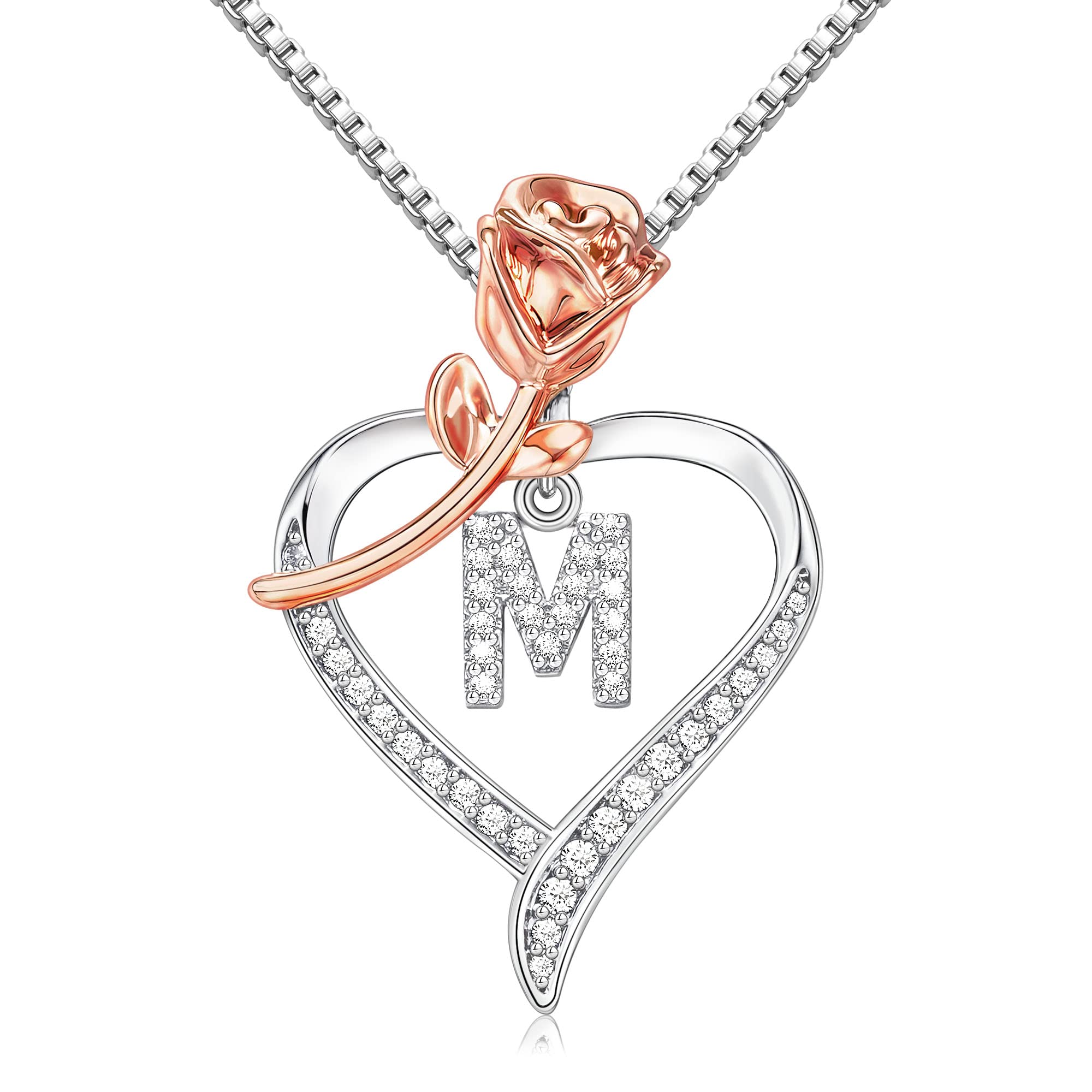 NymerianobleHeart Necklaces for Women Girls, CZ Heart Rose Pendant Letter Necklace Silver Initial Necklaces for Women Gifts for Mom Wife Girlfriend Sister