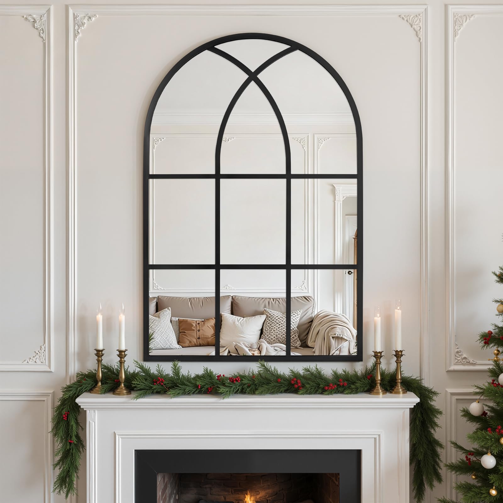 Arched Window pane Wall Mirror 24"x36", Window Shaped Farmhouse Style with Aluminum Frame, Decorative Wall Mirror Leaning Hanging for Living Room, Courtyard, Bedroom, Entryway, Black