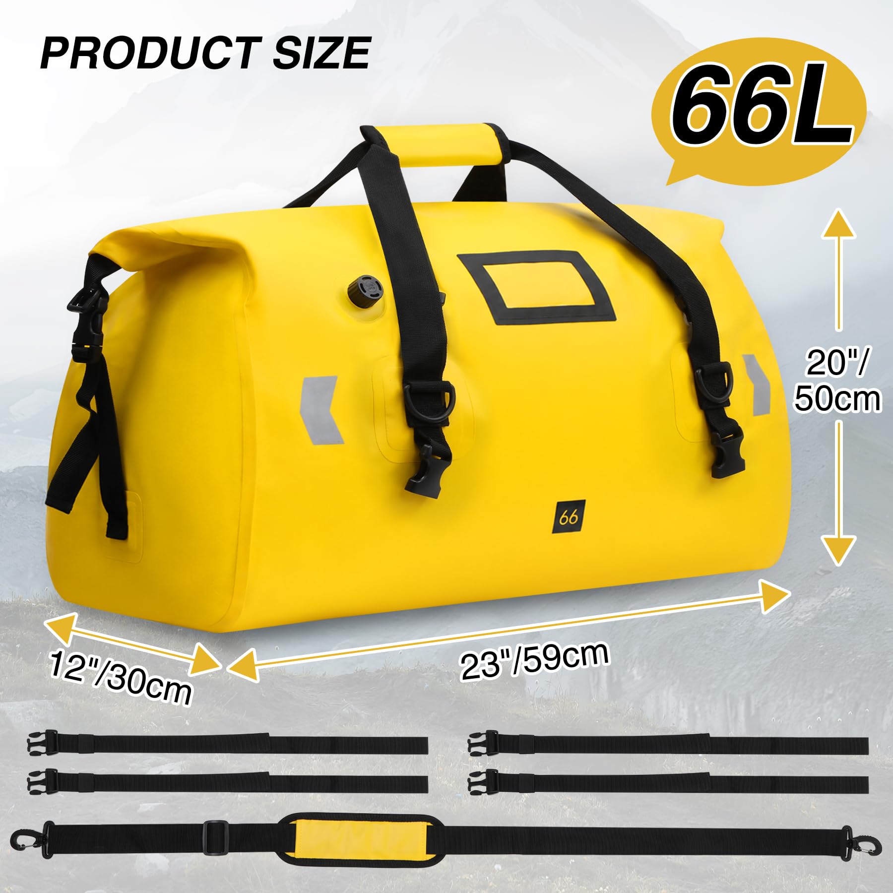 REDCAMP wasserdichte Reisetasche 66L, Rolltop, 500D PVC, Motorradtasche | Dry Bag mit Rollverschluss, abnehmbaren Schultergurten & Reflexstreifen, ideal für Motorrad Boot Camping Angeln Wassersport