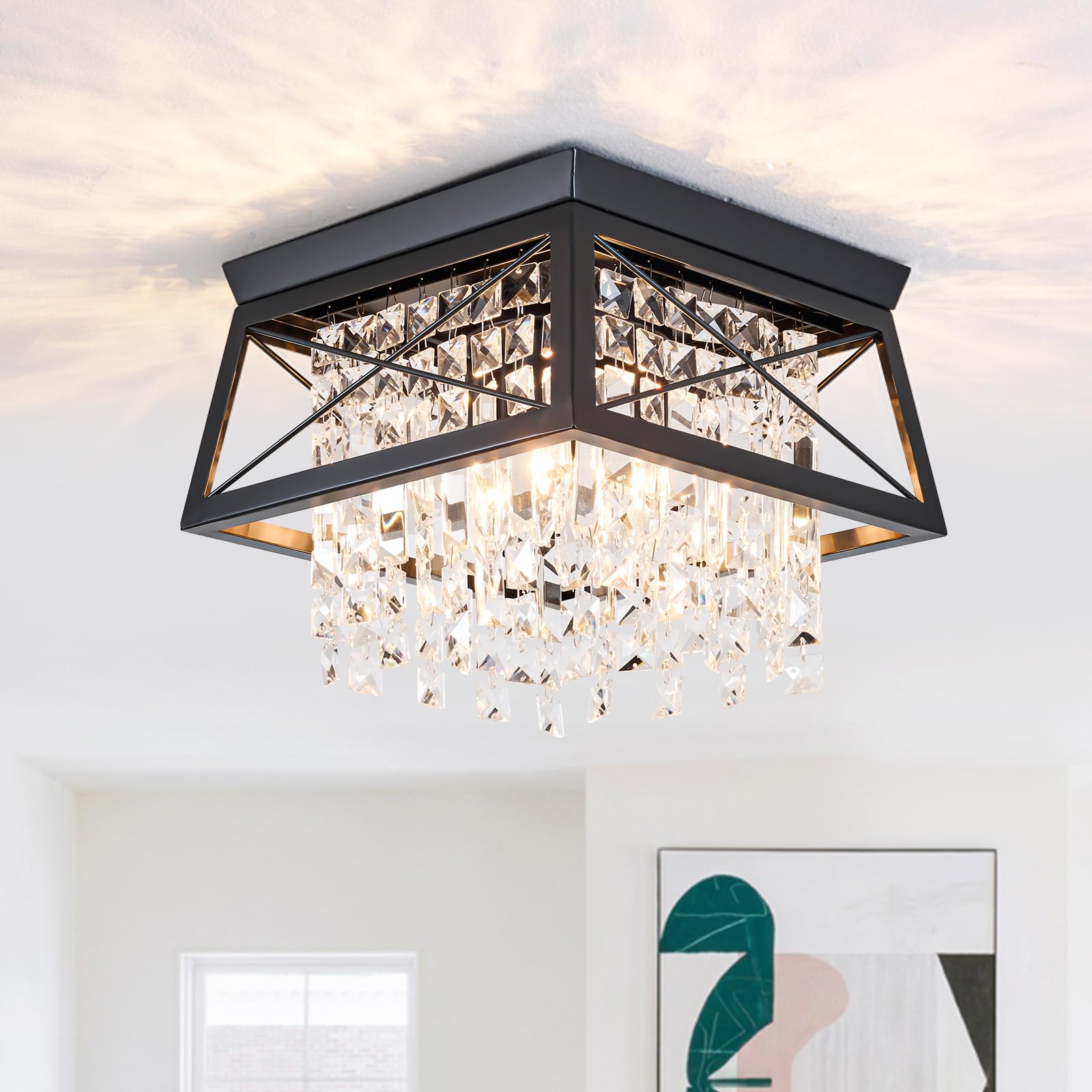 Crystal Flush Mount Ceiling Light 11 8 inch 4-Light Black Farmhouse Lighting Metal Ceiling Light Modern Trapezoid Hallway